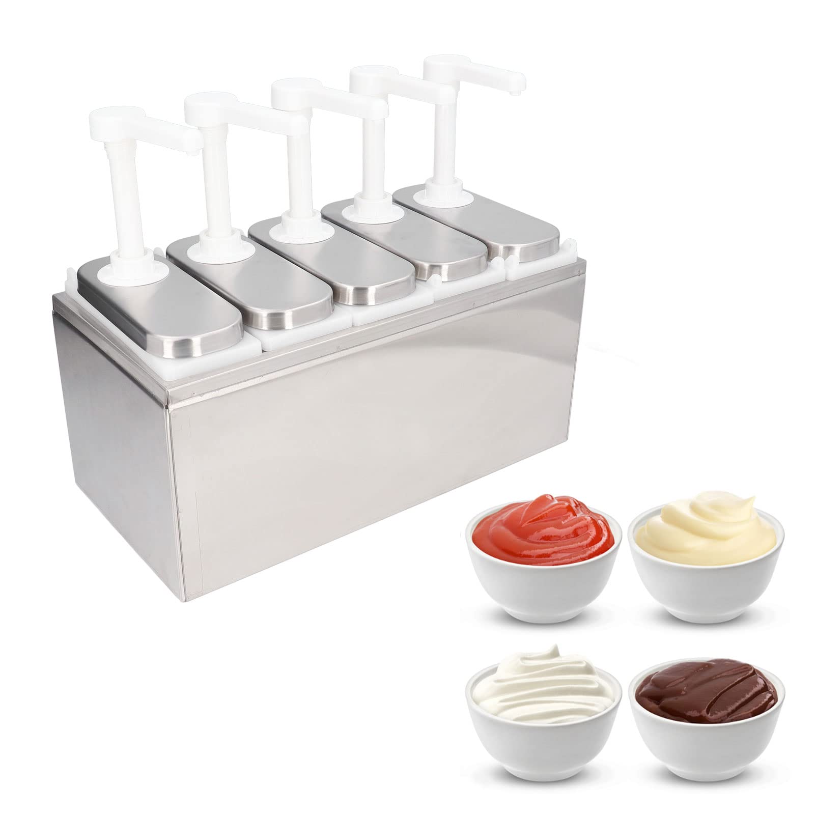 Condiment Pump Dispenser, Stainl steel Sauce Dispenser, Condiment Pump Station, Salad Jam Seasoning Condiment Squeeze Pump Container(5 Pump Bottle)