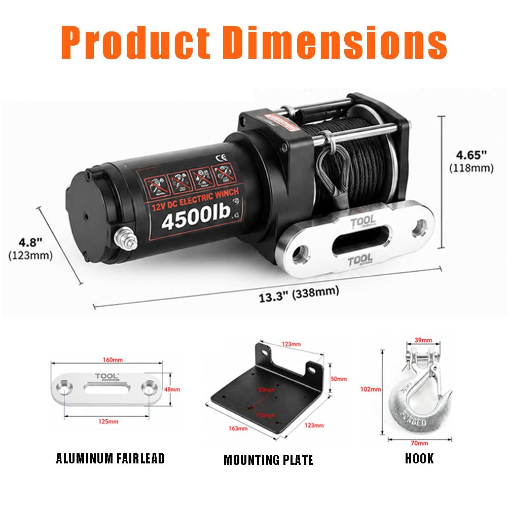 Kit de cabrestante eléctrico ATV/UTV de 4500 libras, cuerda sintética de 12 V CC, cabrestante de remolque de recuperación impermeable con control remoto inalámbrico y con cable, placa de