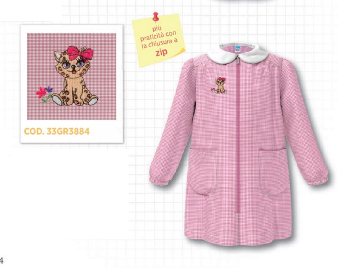 SIGGI Grembiule Asilo Bambina Con Zip Quadretto Bianco Rosa 33gr3884 Disegno Gattino (4 Anni 104 cm)