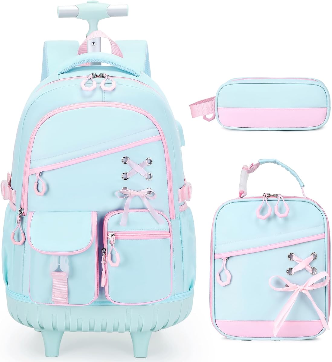 DIGOBAY Rolling Backpack for Girls with Lunch Bag & Pencil Case | Girls Roller Backpack with Wheels, School Bookbags for Teen Kid Elementary Middle High School Travel Ribbon Bookbag Blue Pink