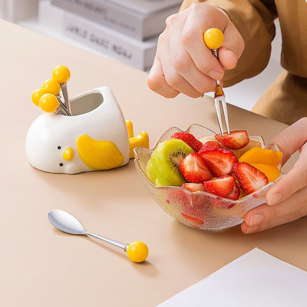 (6 Pieces) Cute Little Duck Ceramic Storage Jar Fruit Fork Household Stainless Steel Living Room Cartoon Fruit Pick Fork Spoon Set Cake Dessert (Yellow)