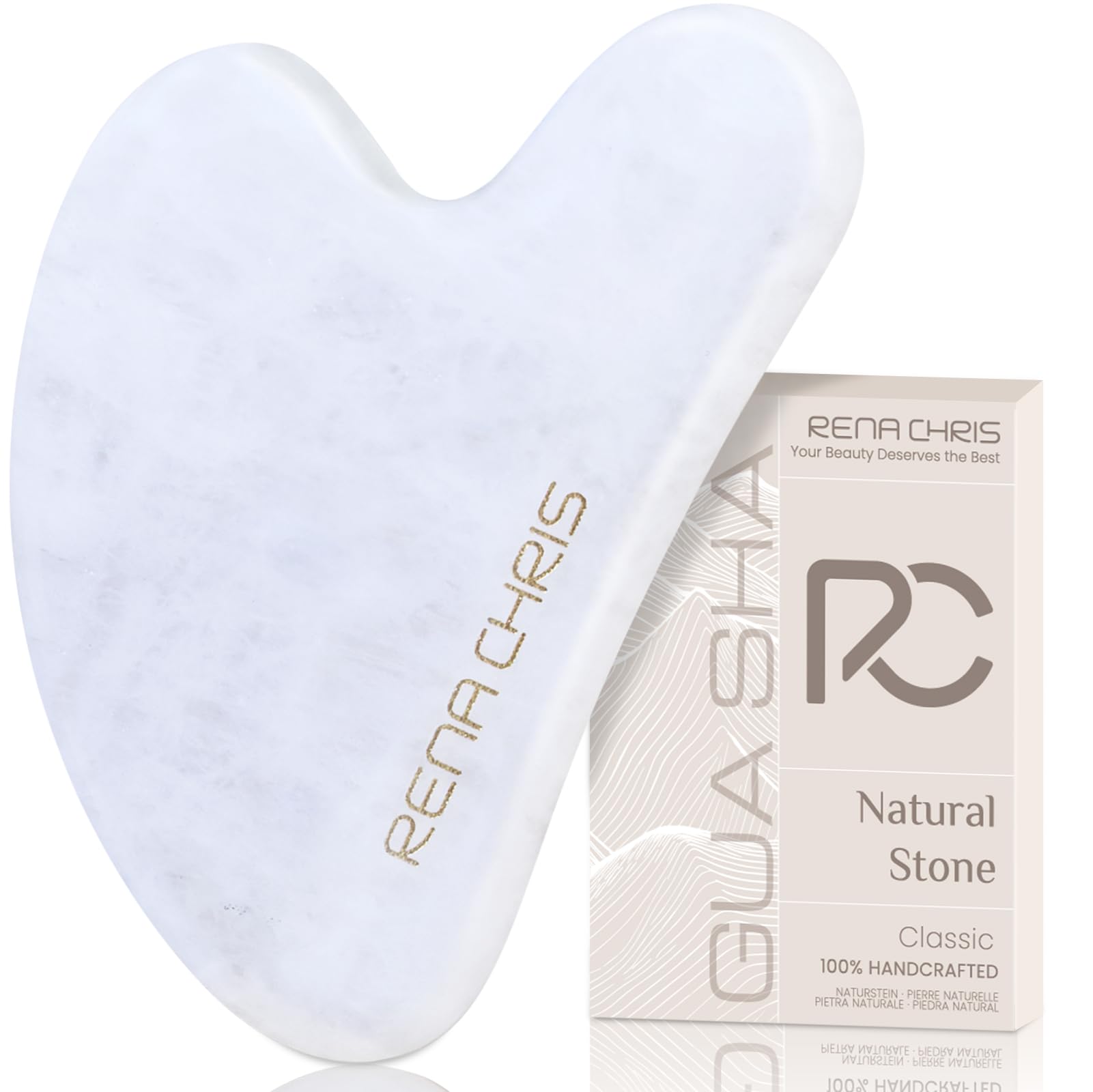 Rena ChrisGua Sha Facial Tools, Natural Jade Guasha Tool, Manual Massage Sticks for Jawline Sculpting and Puffiness Reducing, Gua Sha Scraping Massage Tool, Skin-Care Tool (White)