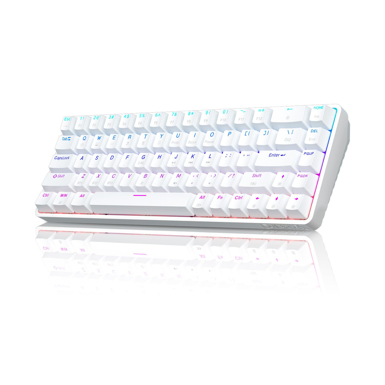 Dierya DK68 Teclado Mecánico Gaming Inalámbrico,60% Layout Compacto 68 Teclas con Triple Modo-Bluetooth/2.4G/Type-C,Red Switch Gamer Mechanical RGB Keyboard para PC/Win/Mac,QWERTY,Blanco