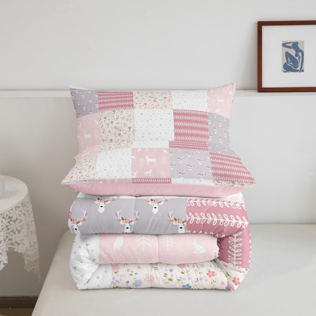 Castle Fairy Deer Antler Comforter Set Queen Size,Deer Wild Animal Hunt Plaid Geometric Bedding Set for Women Adult,Pink Flowers Floral Leaves Patchwork Luxury Bed Duvet Insert, 2 Pillowcases