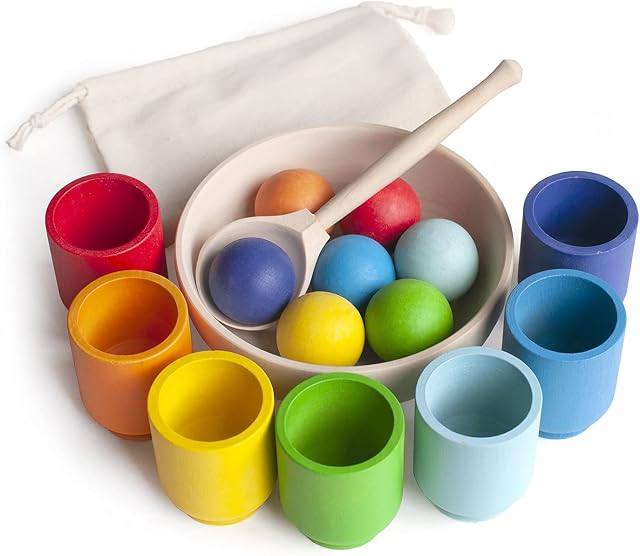 Ulanik Rainbow Balls in Cups Montessori Toy Wooden Sorter Game 7 Balls 30 mm Age 1+ Color Sorting and Counting Preschool Learning Education