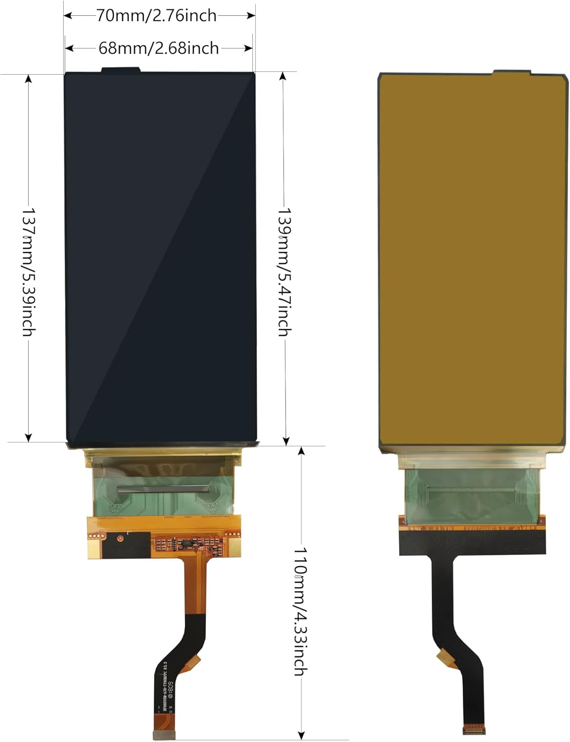 Diagram showing the dimensions of the 6-inch flexible OLED screen and its associated driver board, including measurements in millimeters and inches.