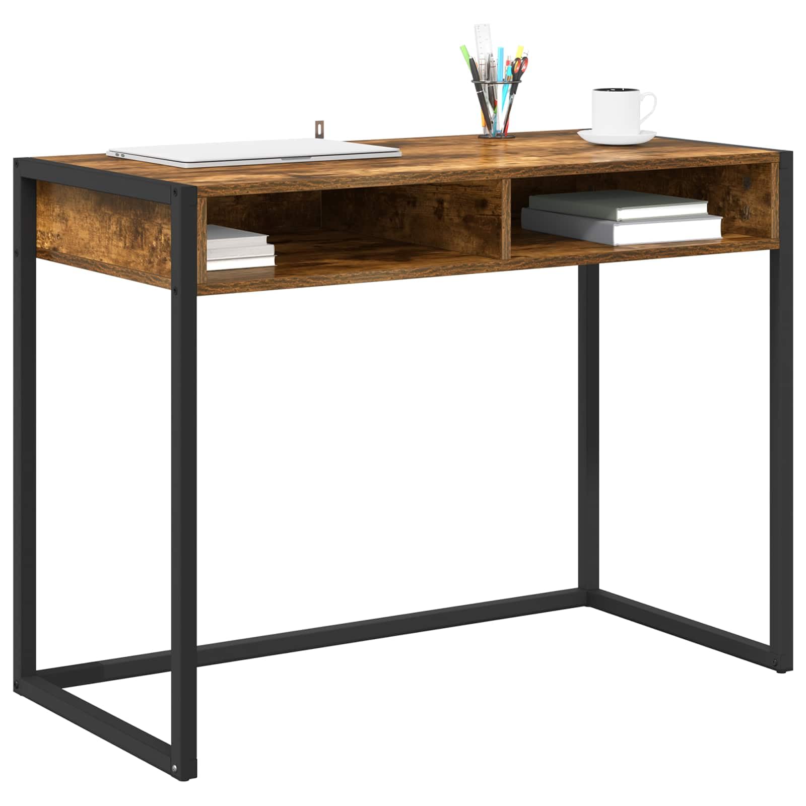 Scrivania in legno fumé, 100 x 50 x 75 cm, con gambe in acciaio, per ufficio, computer, laptop, postazione di lavoro, ergonomica, salvaspazio, per studio e camera dei ragazzi