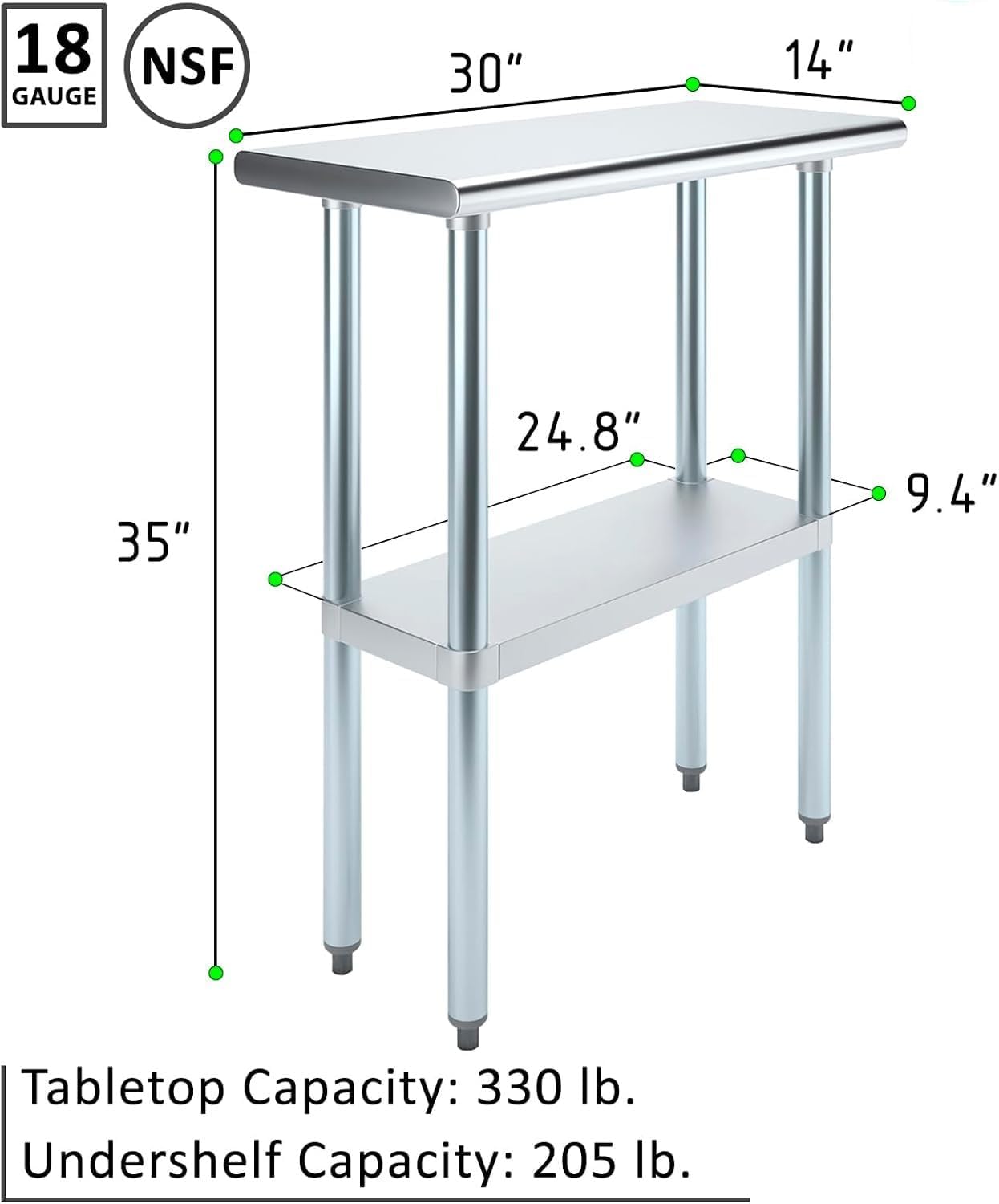 kps Commercial Stainless Steel Food Prep Work Table – 14" x 30" | NSF Certified | Heavy-Duty Utility Table for Kitchen, Restaurant, Garage, Laundry