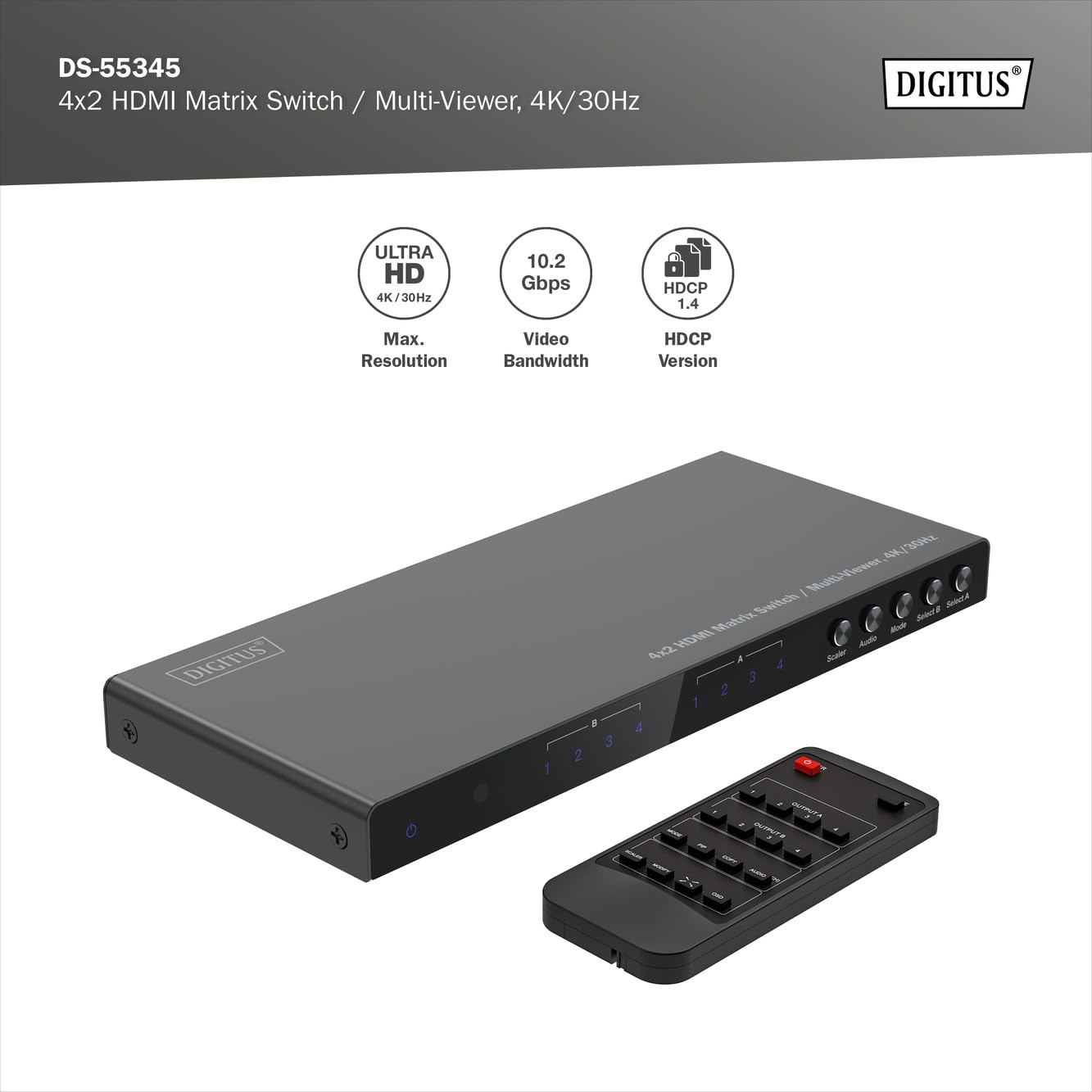 DIGITUS DS-55345 Switch a matrice HDMI 4x2-4 ingressi 2 uscite - UHD 4K/30 Hz HDTV: 3840 x 2160p - HDCP 1.4 e HDMI 1.4b - Multi-Viewer, Split-Screen, PIP - RS232, Audio (Toslink, Stereo 3,5mm)