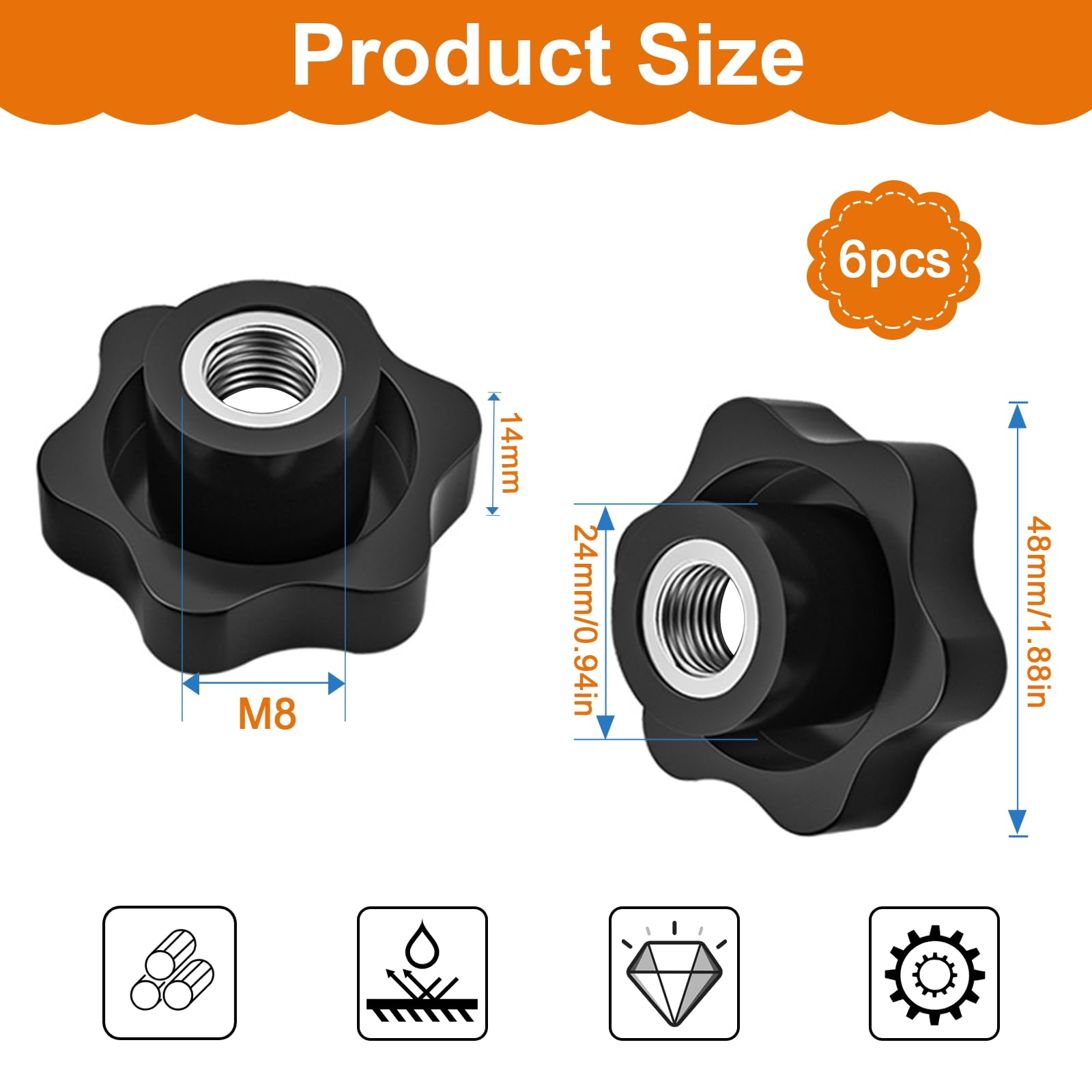 6 pezzi Dadi Zigrinati M8,Viti a Testa Zigrinata M8,Dado a Stella Diametro esterno 48 mm,Manopole Zigrinate per l'industria Meccanica Mobili Attrezzature Elettroniche
