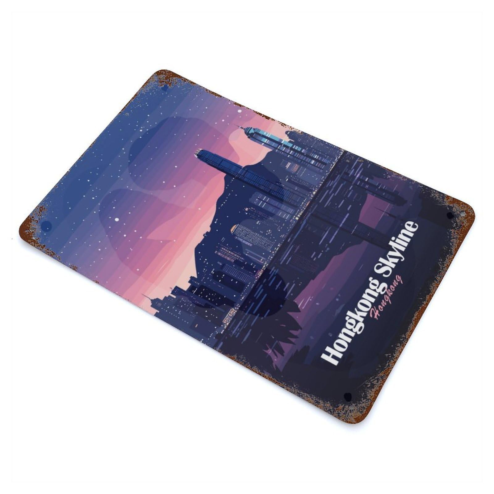 Retro Metal Sign with Hong Kong Skyline Night Design 11.8"x7.9", for Bistro, Counter And Cafe Decor, Shabby Chic Decor