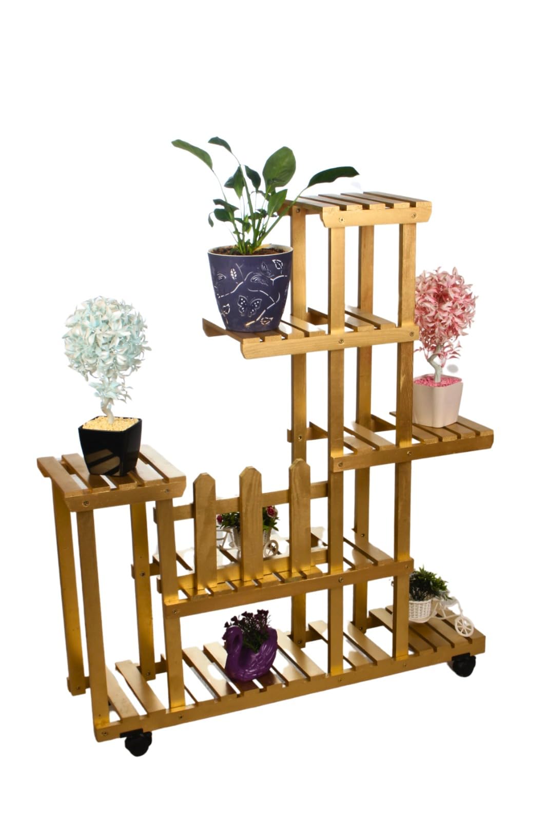 VEHER Wood (Pine) GOLD Colour 6 Tiers Plant Stand, Lockable Wheels + Mini Garden Set