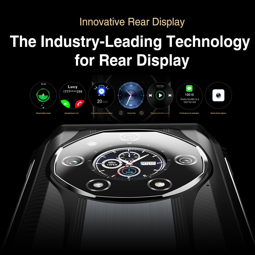 DOOGEE S110 rear display showing various functions like clock, battery, notifications