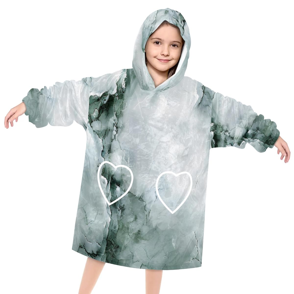 Pardick Wearable Blanket Hoodie for Kids, Marble Light Green Fleece Sweatshirt Blanket Oversized Blanket Sweatshirt with Pocket Flannel Warm Hooded Blanket 6-10 Year Old Girl Boy Gift, One Size