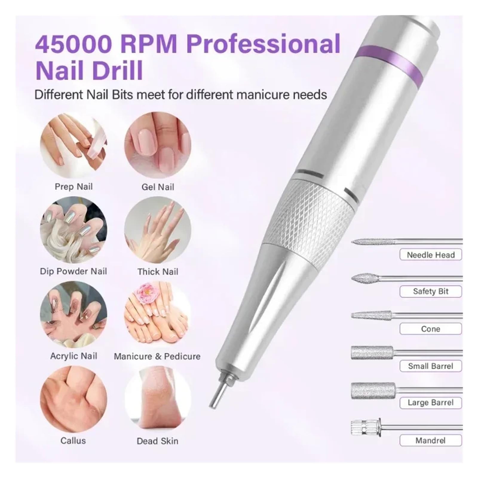 Frezarka do paznokci, Profesjonalna akumulatorowa wiertarka do paznokci 45000 obr./min., wyświetlacz HD, metalowa maszyna manicure i do użytku domowego