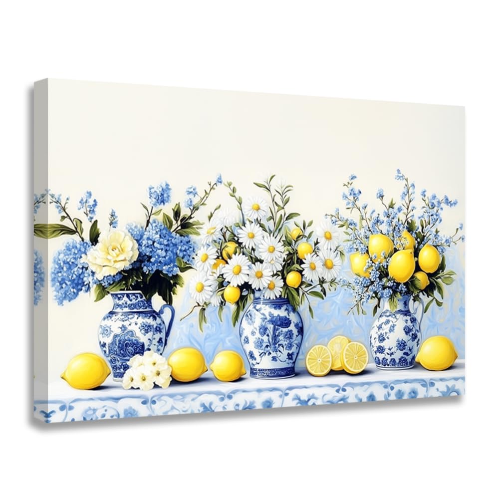 ZQQART Lemon Picture for Wall Kitchen Decor Citrus Fruit Canvas Prints Yellow Lemon and Flower Painting Wall Art Framed for Dining Room Decor(Black,12L x 18W)