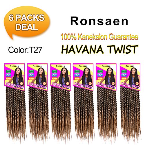 Ronsaen Afro Kinky Havana(22strands/pack) Mambo Twist Crochet Hair Senegales Twist Crochet Braiding Hair Extensions (12" 6 packs, T1B-27#)
