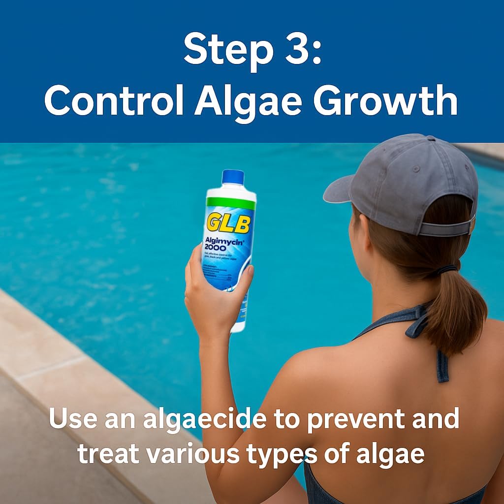 GLB Basic Start-Up Pool Bundle – 1 lb Supersonic Shock, Super Blue Clarifier, Sequa-Sol, Algimycin 2000 – with My Garden Pool Skimmer Socks, Scum Sponge & 7-in-1 Pool Test Strips