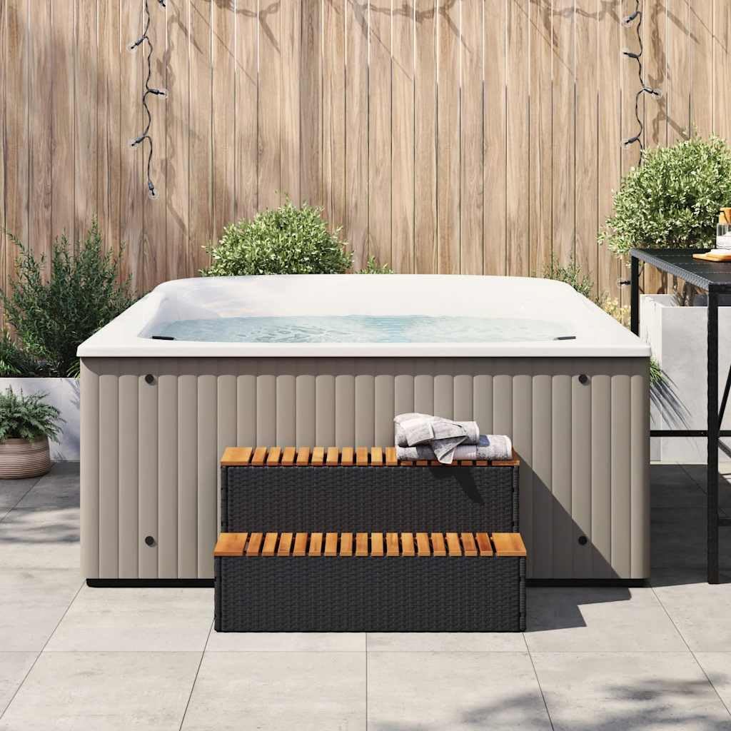 Escalier pour jacuzzi, noir, 100 x 50 x 50,5 cm, polyrotin, acacia massif, accessoire pour piscine, spa, jacuzzi, extérieur, jardin