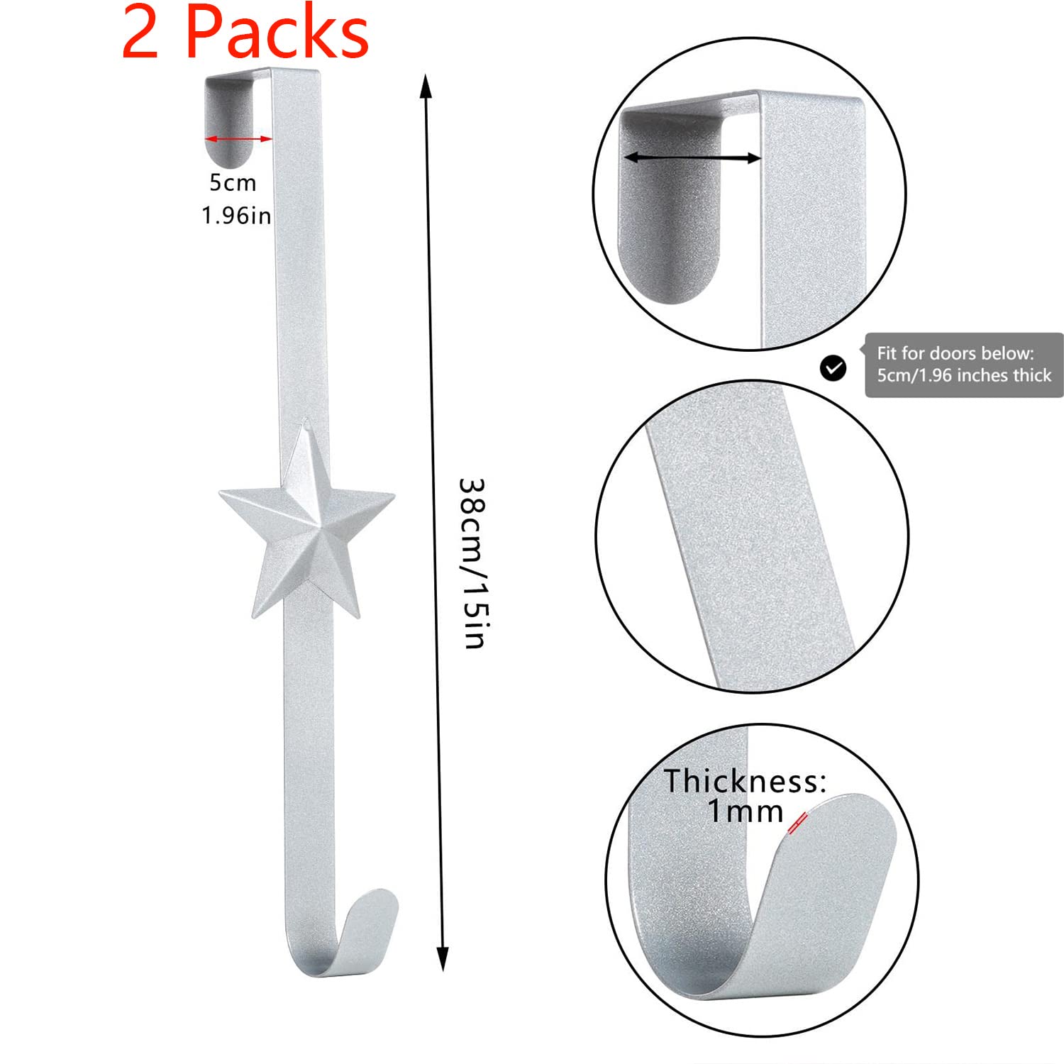 Hutato 2Pcs Christmas Wreath Hanger for Front Door 15in Large Metal Wreath Reef Door Hanger Hook Decor Hook for Xmas Party Decor Door Wall Home Office (Silver Star) - Image 2