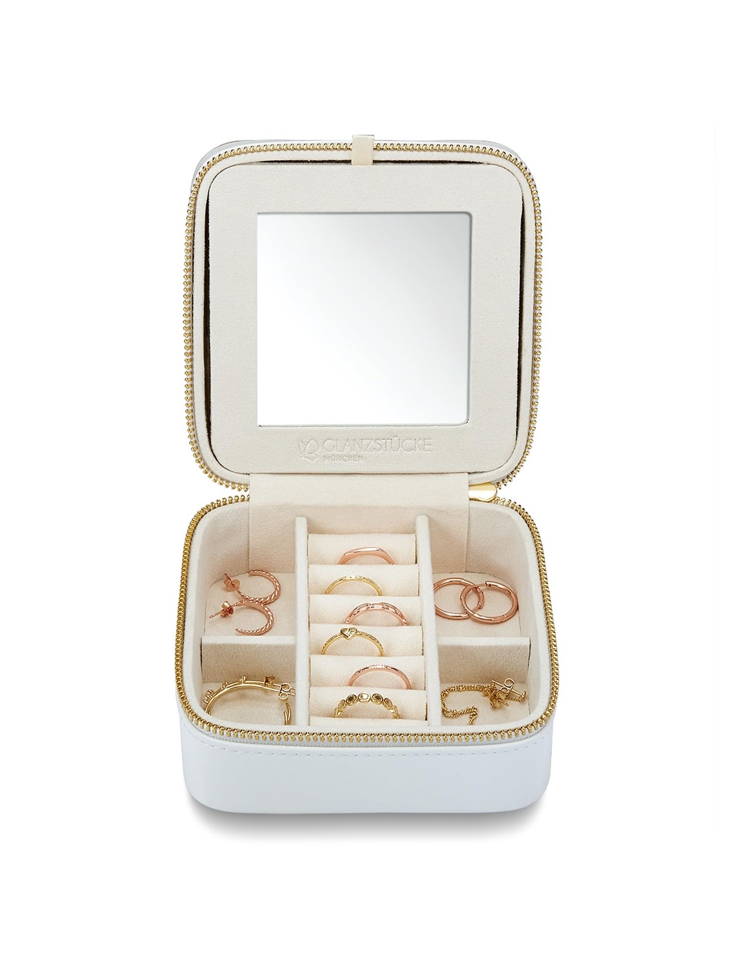 GLANZSTÜCKE MÜNCHEN Schmuck-Reisetäschchen Kunstleder weiß 11,5 x 11,5 x 5,8 cm Samt creme Schmucketui Schmuckschatulle für die Reise mit Spiegel
