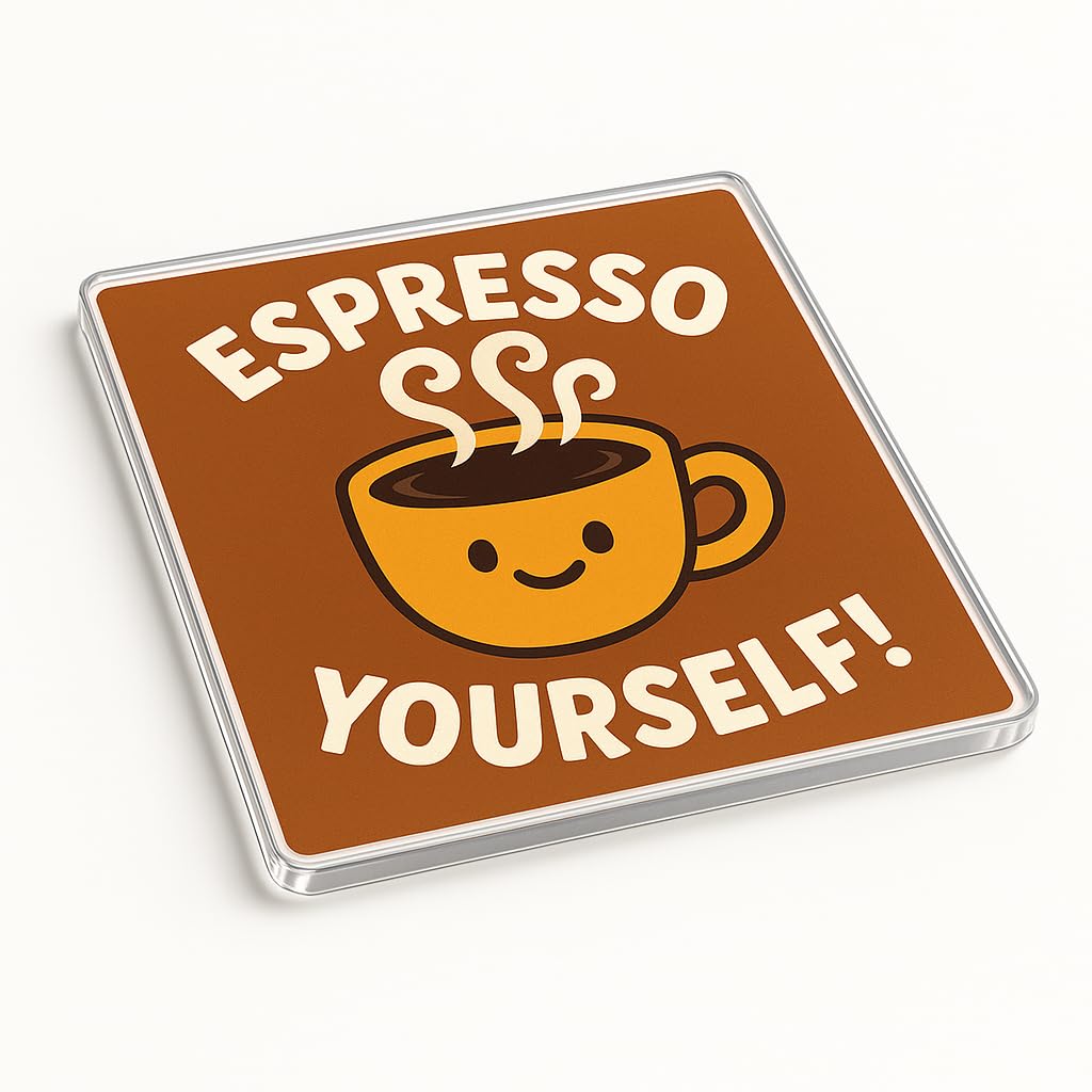 The Plum Penguin Joyful Brew Acrylic Coaster Gift - Playful Cartoon Coffee Cup Design, Novelty Desk Accessory For Coffee Lovers