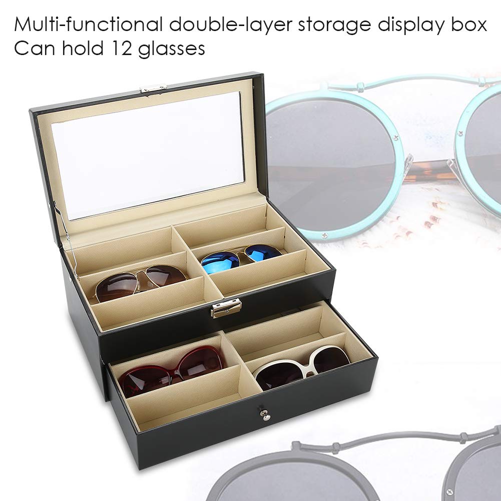 Caja organizadora para guardar gafas de sol - Estuche de 12 compartimentos para gafas con cerradura y llave - Caja de gafas de cuero sintético, porta gafas - Caja de presentación con tapa transparente