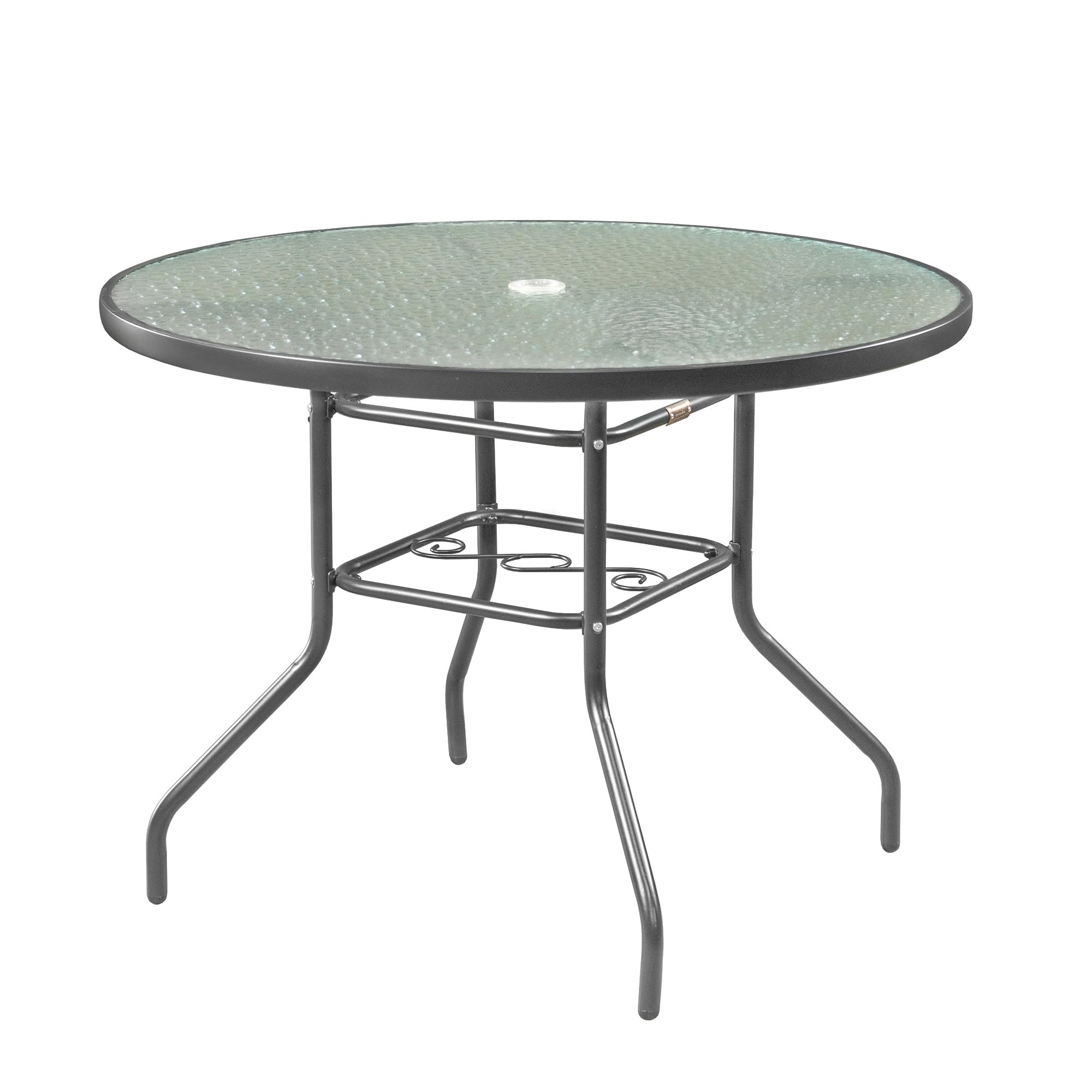 Garden Elements Outdoor Patio Furniture, Round Dining Table, Steel Base and Rim with Water-Wave Glass Top, Grey, 40"