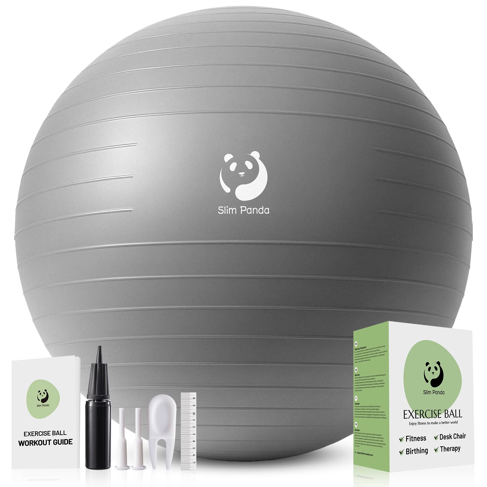 Slim Panda Gymnastikball, 55-85CM Explosionsgeschützt Pezziball Sitzball mit Pumpe, Trainingsball Fitnessball für Senioren Therapie,Schwangerschaft, Fitness, Balance Training（Silver）