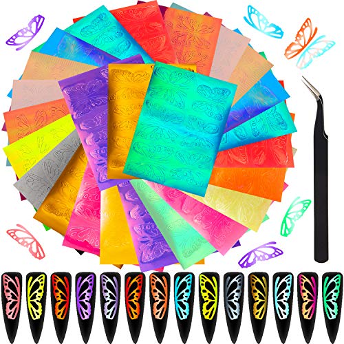 32 Sheets Butterfly Reflection Nail Art Stickers Holographic Butterfly Nail Art Decals Laser Strip Stickers 3D Vinyls Nail Stencils with Tweezers for DIY Manicure Nail Art Decoration