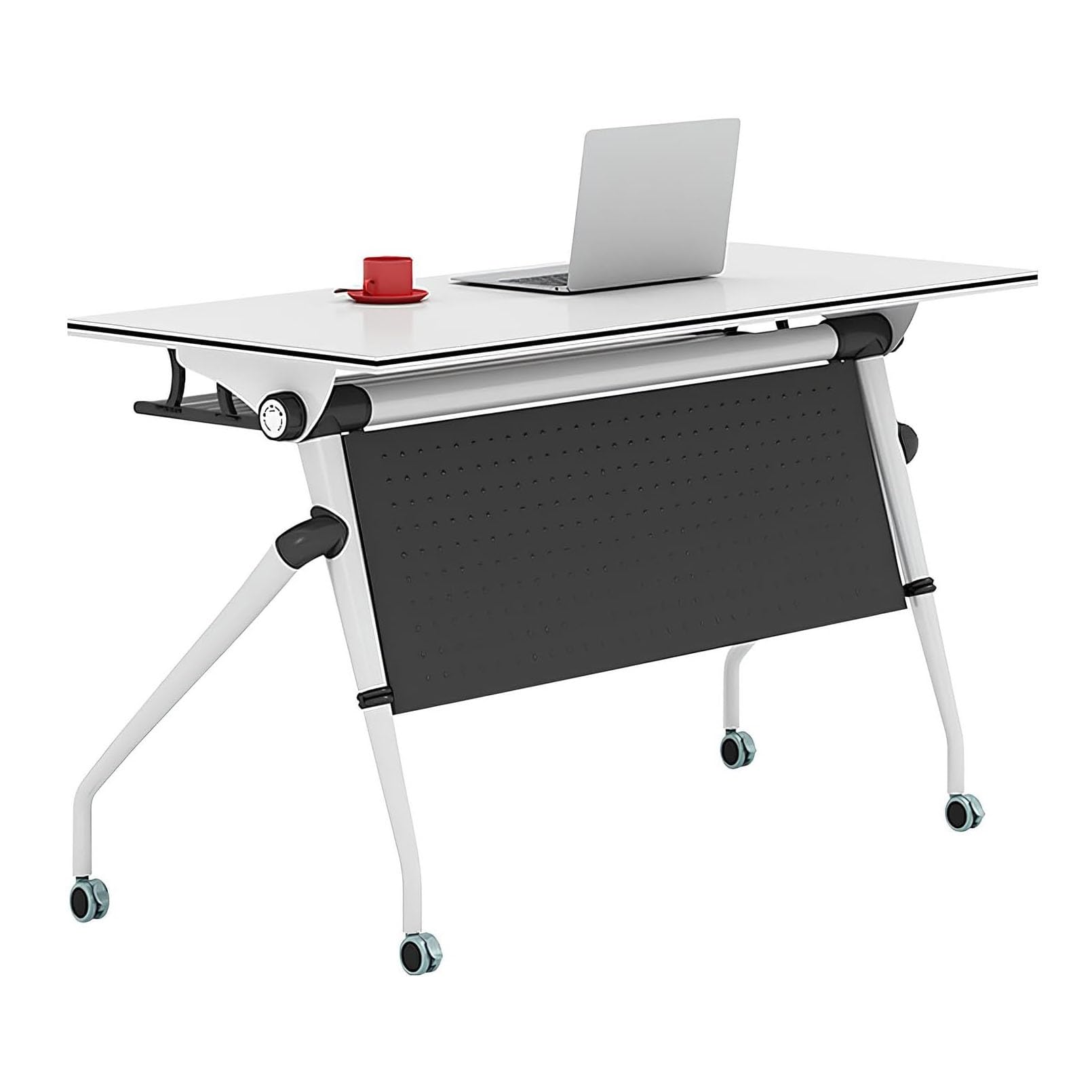 Tavolo da formazione pieghevole mobile con 4 ruote bloccabili, piano ribaltabile a chiusura rapida, telaio in acciaio laminato resistente, piano di grado E1 – ideale per sale riunioni, chiese, banch