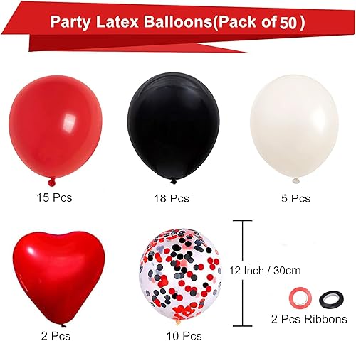 Miniatura 6 de Globos de látex rojos, negros y blancos, 60 globos de fiesta de 12 pulgadas, negro, rojo y blanco, para cumpleaños, boda, baby shower, fiesta de