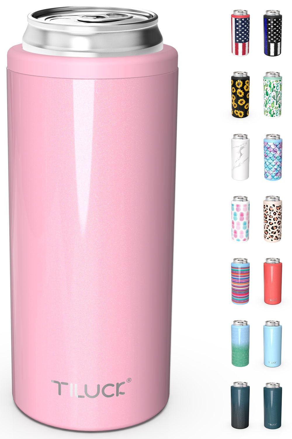 TILUCK Skinny Can Cooler for Slim Beer & Hard Seltzer, Stainless Steel, Doucle-Walled Stainless Steel Insulated Slim Cans, Standard 12 oz (Glitter Blush)