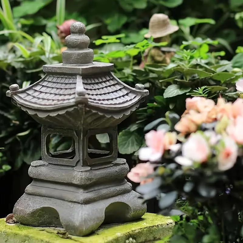 Solar Powered Garden Pagoda Lantern, Asian Zen Stone Tower Statue, Indoor Outdoor Decorative Landscape Art (Four Corner Palace Lantern, 1pcs)