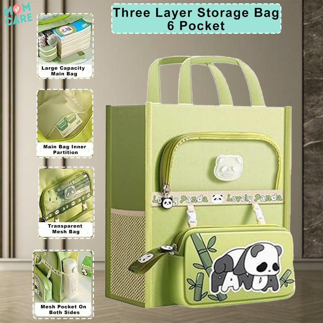 MOM CARE Kids Lunch Bag for School Boys Girls | Cute Panda Insulated Tiffin Bag with Front Pocket | Waterproof Lightweight Multipurpose Tote Bag for Picnic Travel Swimming Daycare | 33 x 33 cm Green 1