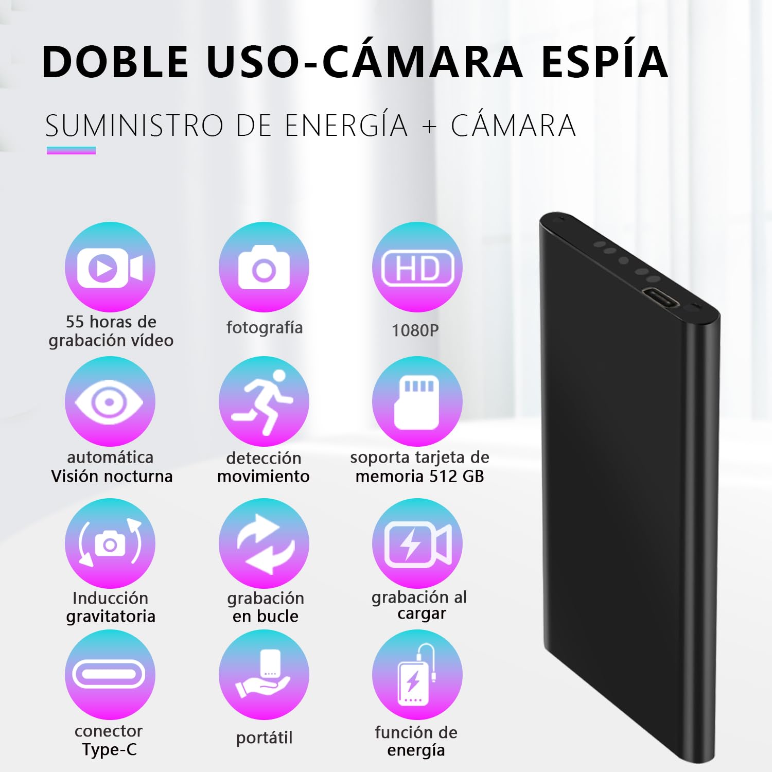 YINGZIKEJI Mini Camara Espía Oculta Cámara - 10000mah 1080P 55 Horas Cargadores portátiles Camara - detección Movimiento,Sensor de Gravedad,visión Nocturna,Grabación cíclica,sin función WiFi