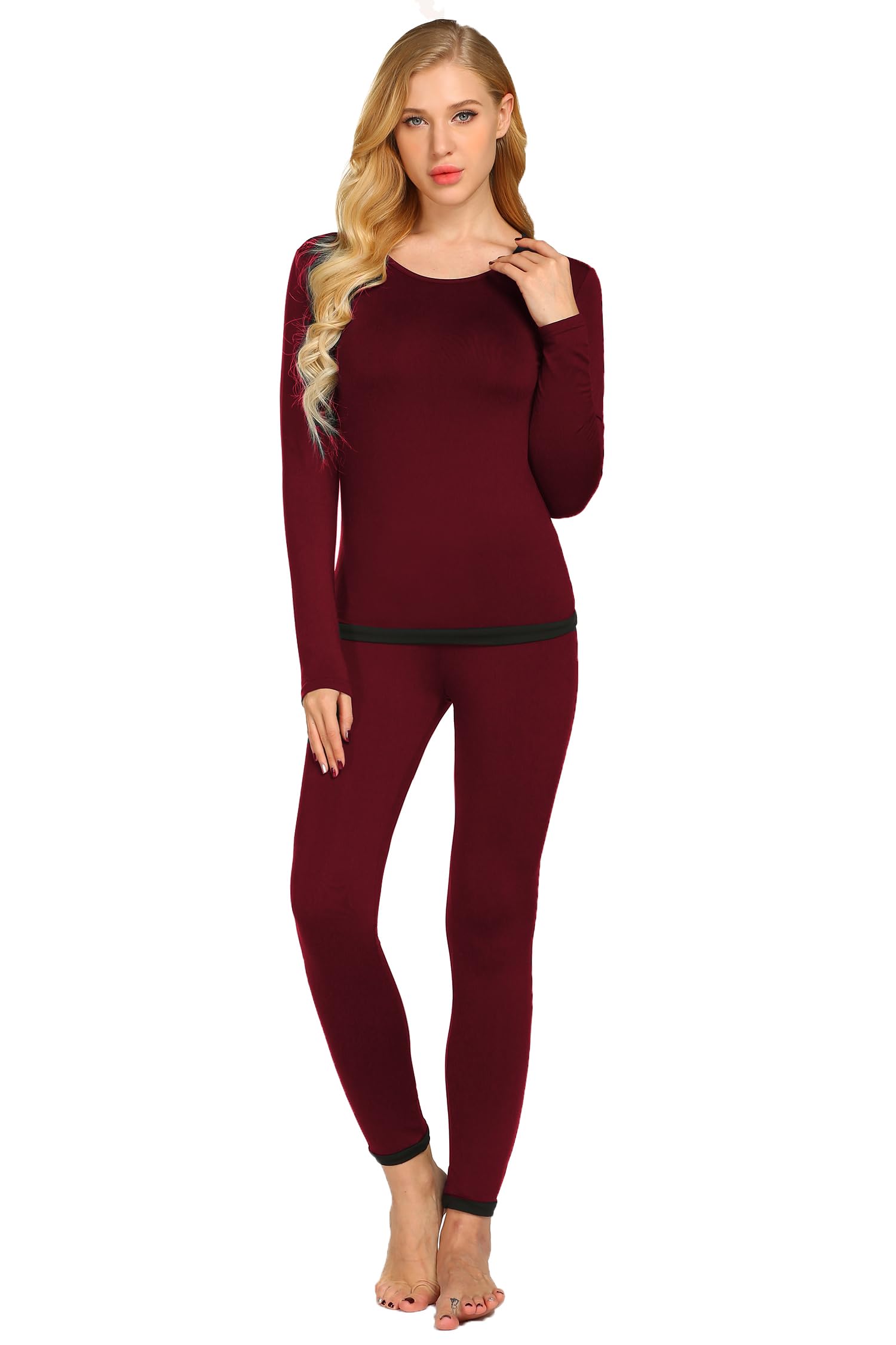 Ekouaer Women's Thermal Pajama Set Lightweight Thermal Underwear 2-Piece Set S-2XL Wine Red