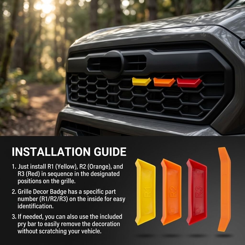 Tri-Color Front Grille Insert Trims, Grille Decor Badge Emblem Compatible with 2024 2025 2026 Toyota Tacoma TRD Off-Road, PreRunner, Sport