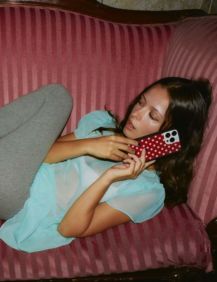 Image of Wildflower Cases - Compatible with iPhone 16 Pro Max | Protective Black Bumper, 6.5ft Drop Test Certified, Women Owned Small Business | Classic Dots Spotted Trendy Cute | Polka Dot - Burgundy & Cream