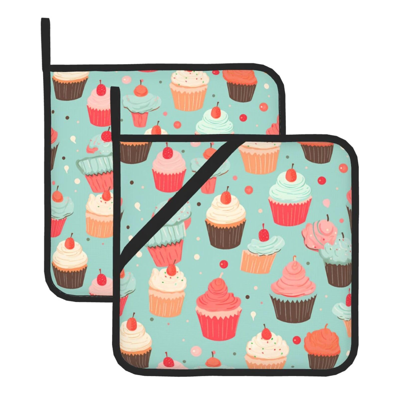 HJFCZH Sweet Cupcakes Printed Square Insulated Pot Mat Set (2-Piece) 8x8in Waterproof, Thickened & Easy to Clean with Lanyard Design for Kitchen, Oven & BBQ