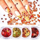 Maple Leaf Nail Glitter Sequins 3D Holographic Fall Leaves Nail Art Flakes 4 Colors Laser Autumn Leaf Nail Sequins Decals for Acrylic Nails Decorations DIY Crafts (Gold Red Brown Orange)
