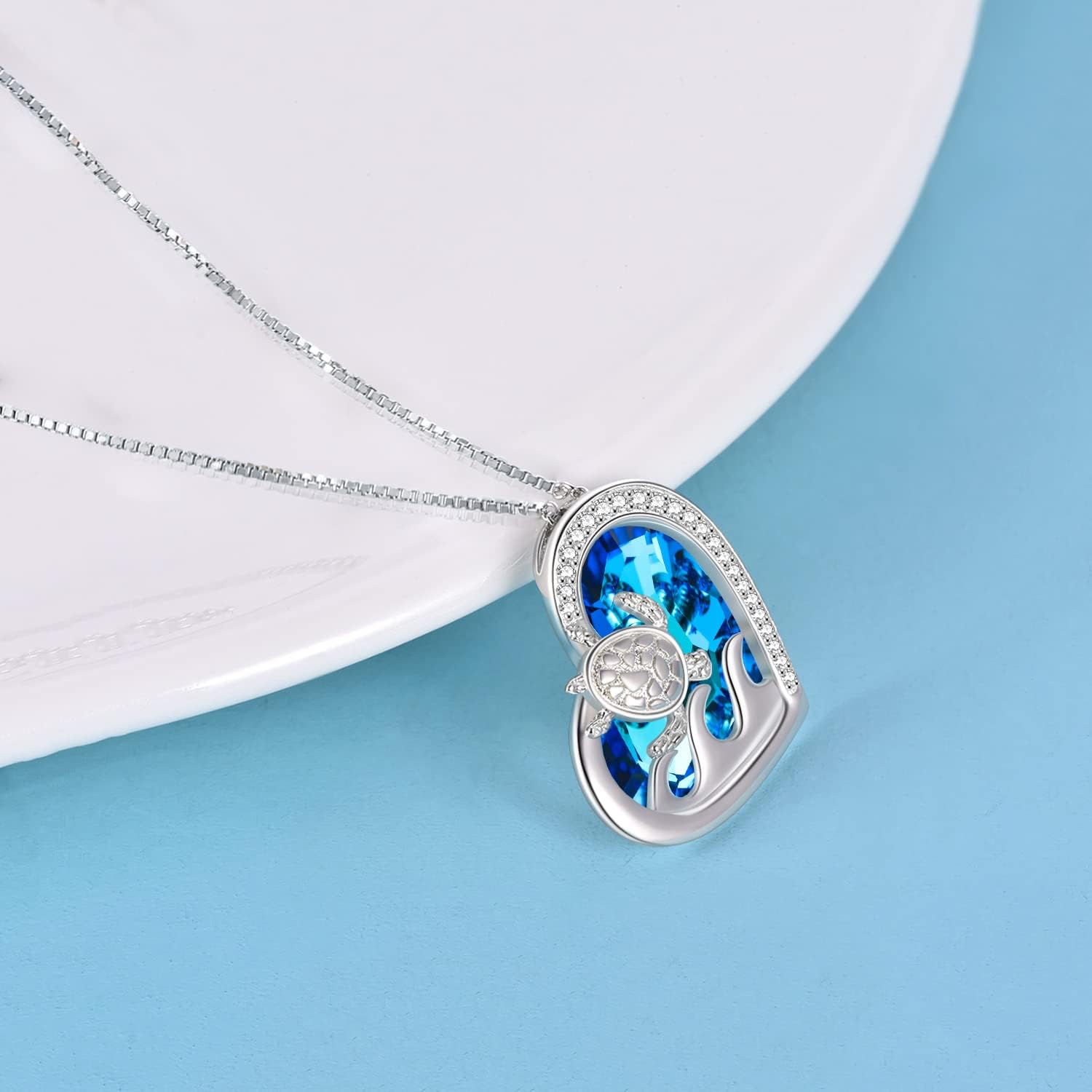POPKIMI Sea Turtle Heart Necklace for Women Sterling Silver Crystal Turtle Pendant Birthday Animal Health and Longevity Jewelry Gifts