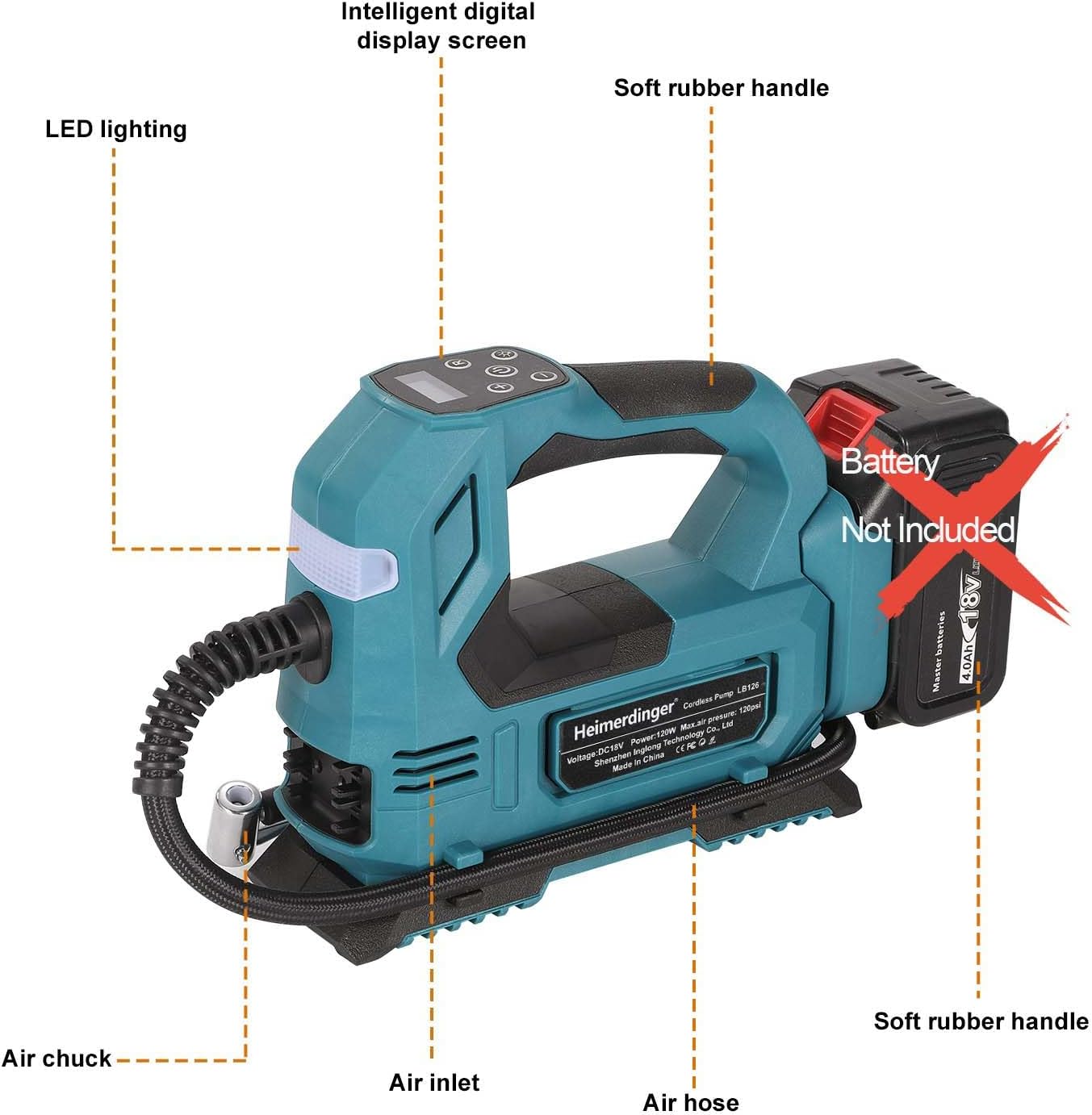 Cordless Tire Inflator Air Compressor Compatible with Makita 18V Battery, 120W Digital Air Pump, 120PSI, Dual Power Mode-Battery Not Included - Image 2