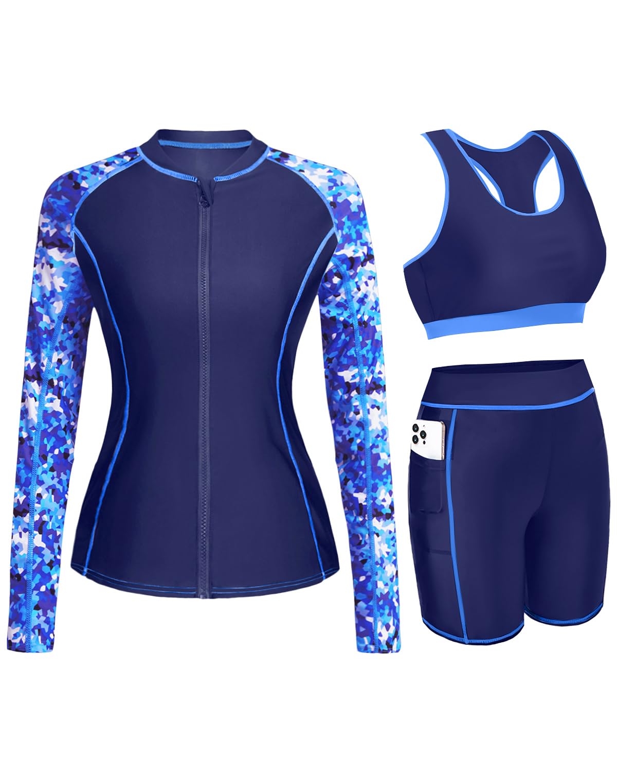 Daci 3-teiliger Rashguard für Damen, langärmelig, mit Reißverschluss, Sport-BH, bescheidener Badeanzug mit Shorts