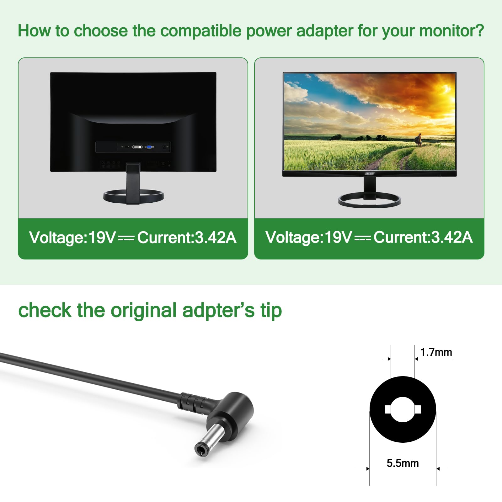 19V 3.42A AC Adapter Ladegerät für Acer Monitor | 19V Netzkabel für Acer-Monitor R240HY SB220Q SA230 S231HL S232HL H236HL S202HL S230HL S240HL S220HQL S271HL(5.5mm*1.7mm)
