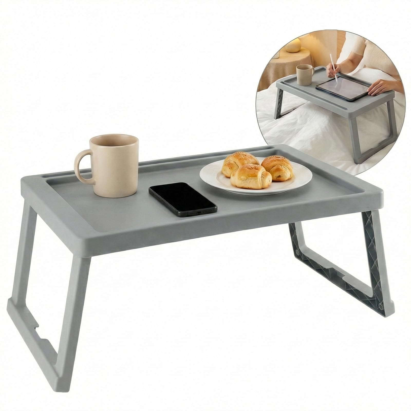 GREENSAPPIRE Tray with Legs Folding Table 64.5x36x25cm Folding Bed Tray Table with Legs, Breakfast Tray Portable Lap Desk for Sofa, Ultra-Thin Foldable Design (Only 3 cm) for Reading (Gray)