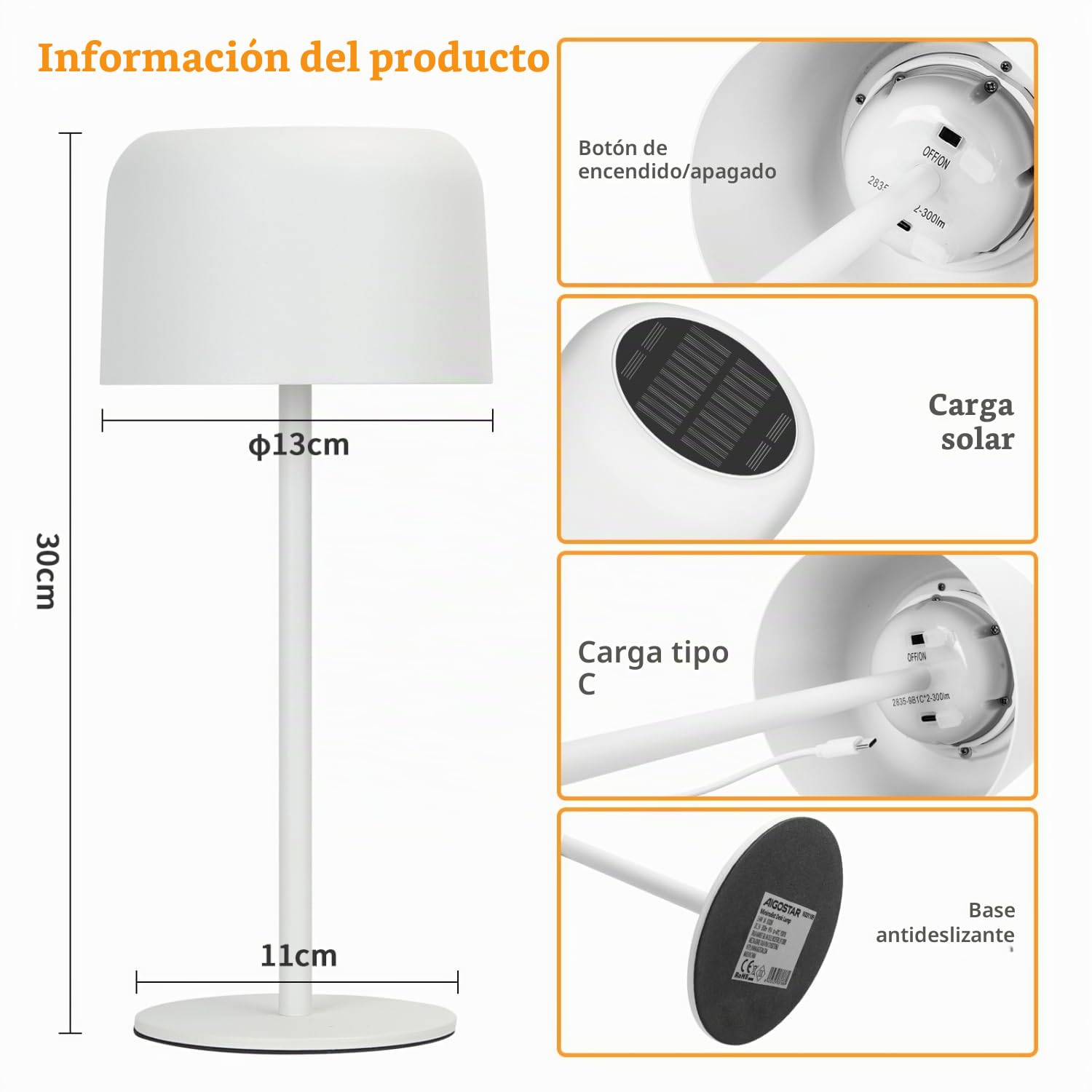 Aigostar Lámpara de Mesa Inalámbrica Recargable Solar y USB, Lámpara de Escritorio Táctil Regulable, Lámpara de Noche IP54 Impermeable para Interior y Exterior, Dormitorio, Restaurante - Blanco