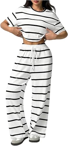 OYOANGLE Women's 2 Piece Lounge Set Ribbed Short Sleeve Crop Top and Pants