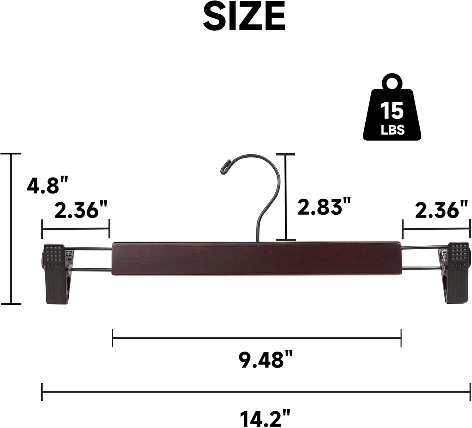 Premium Wooden Pants Hangers, Solid Wood Skirt Bottom Hangers with Adjustable Non-Slip Clips, 360° Swivel Hook, Space-Saving for Slacks, Trousers, Shorts, Jeans