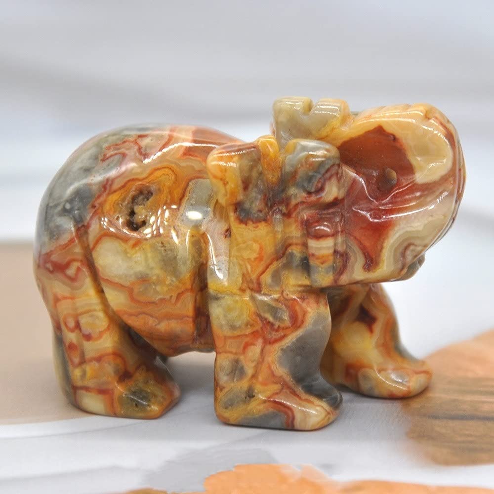 HXSCOO 1PCS Elephant Statue Figurine Natural Crystal Amethyst Rose Quartz jasper Animals Stone Carved Feng Shui Home Office Craft Decor (Color : Crazy Agate, Size : 1.5 Inch)